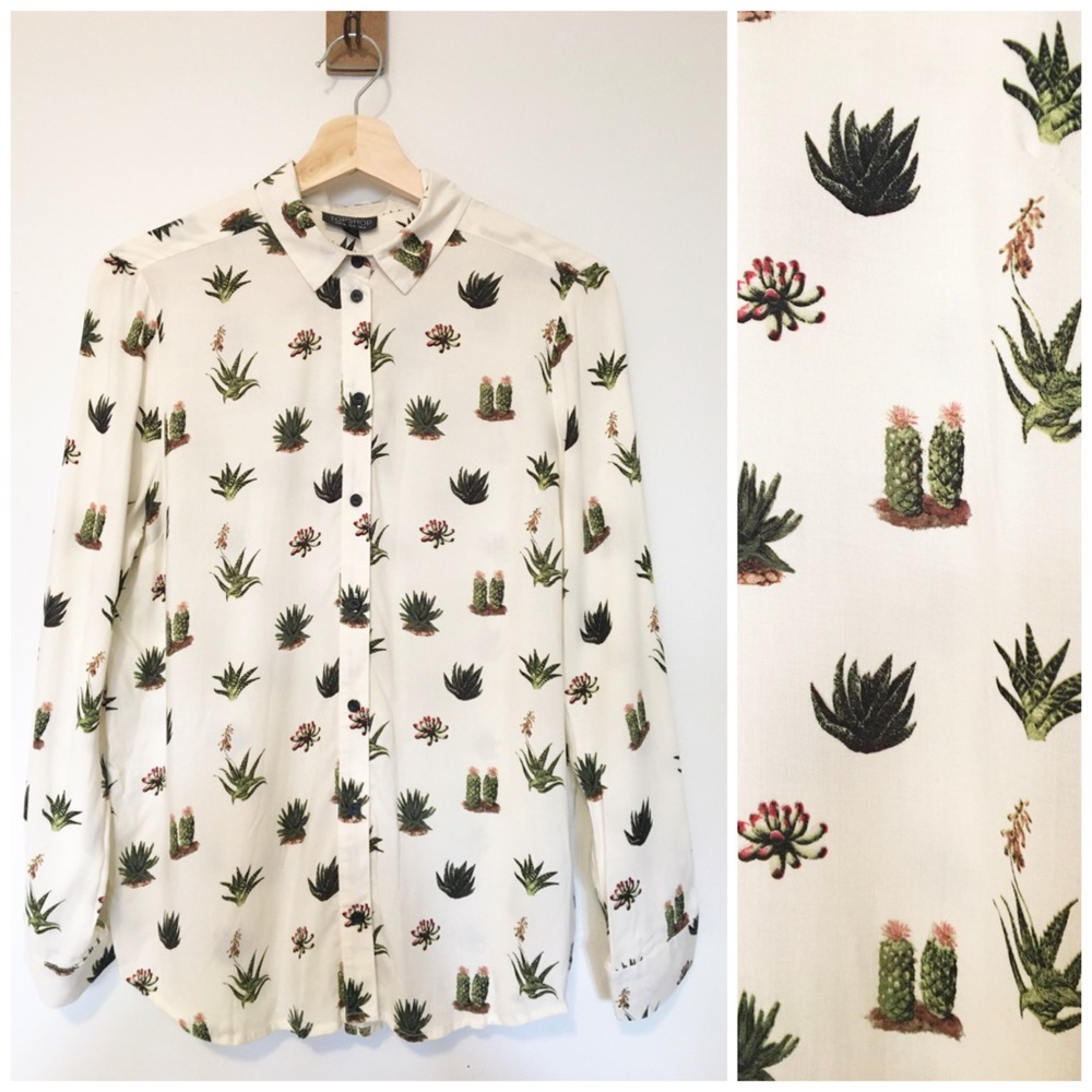 Topshop Cactus Print Button-Down Longsleeve Blouse, Size 4